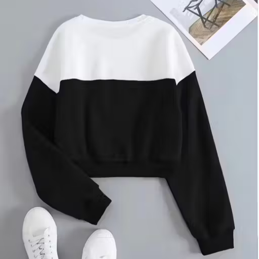 Women’s Multicolor Fleece Pullover – Colorblocked Round Neck, Long Cap Sleeves