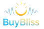 Create a modern and stylish logo for an online store called "BuyBliss" that sells trendy lights, Bluetooth speakers, headphones, and watches. The logo should look elegant, tech-inspired, and minimalistic, with a soft glow effect representing light and sound waves. Use a combination of blue and golden colors with smooth gradients. Include a small abstract icon that represents “bliss” or happiness. The design should feel premium, youthful, and trustworthy.