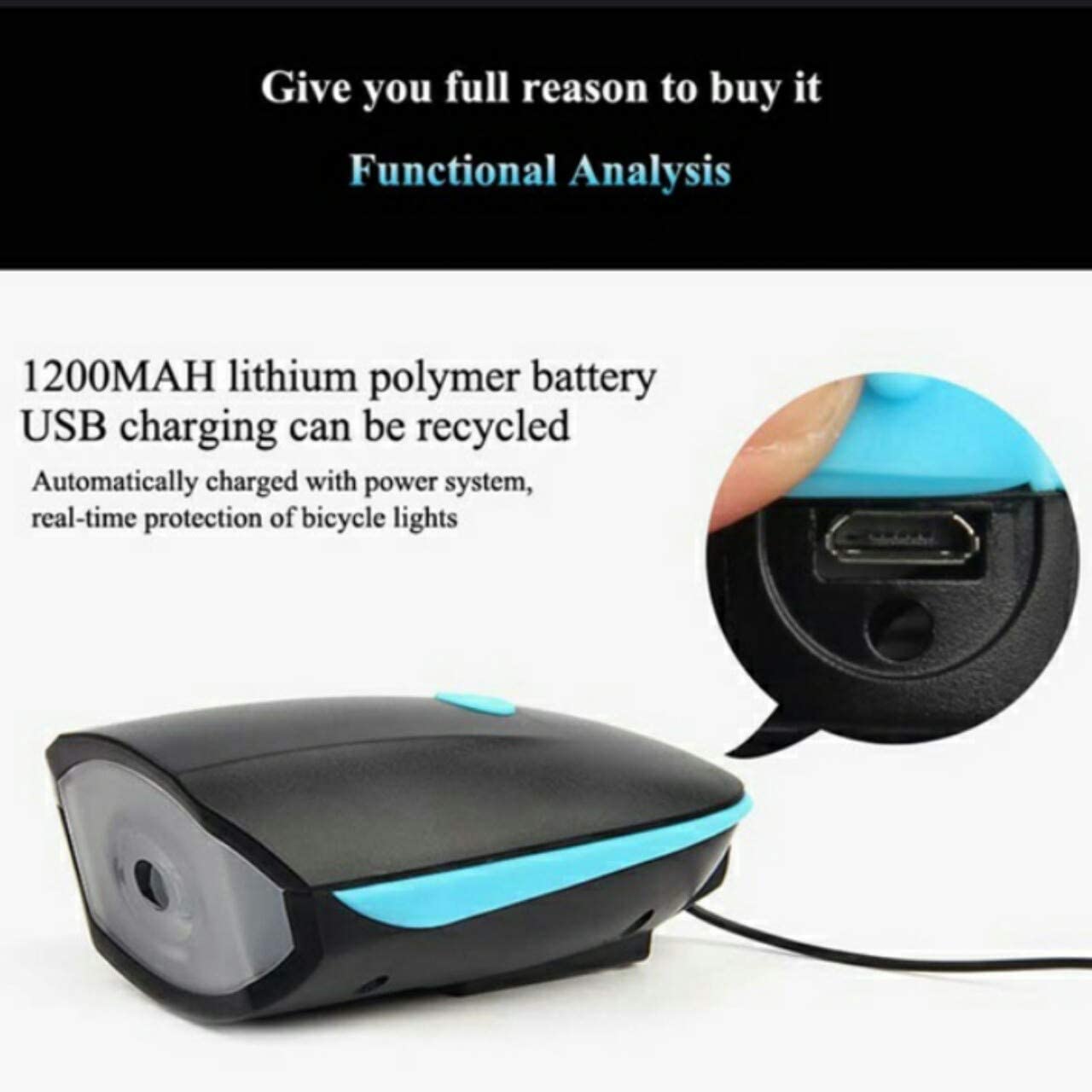 BLACKBELL 2-in-1 USB Rechargeable Bicycle/Bike Horn LED Front Light (3 modes) (Black, Blue)
