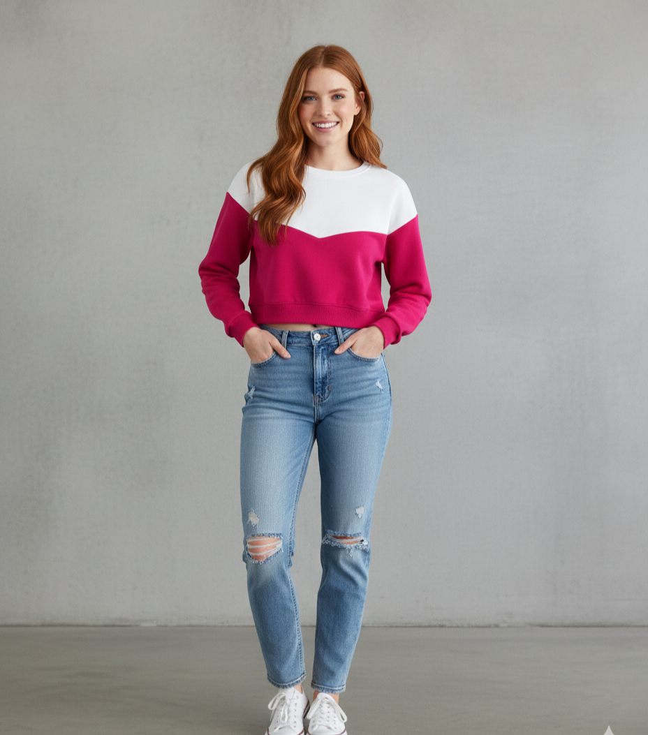 Women’s Multicolor Fleece Pullover – Colorblocked Round Neck, Long Cap Sleeves