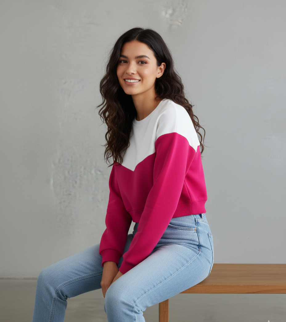 Women’s Multicolor Fleece Pullover – Colorblocked Round Neck, Long Cap Sleeves