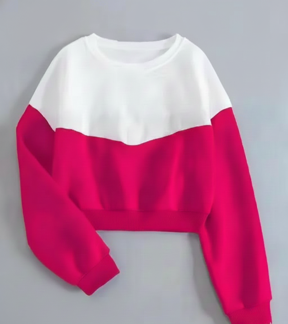 Women’s Multicolor Fleece Pullover – Colorblocked Round Neck, Long Cap Sleeves