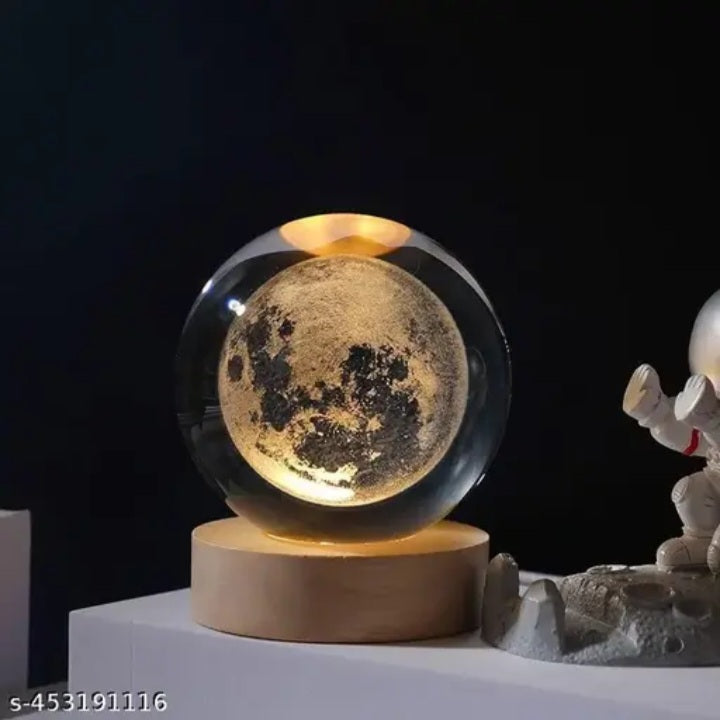 3D Glass Moon Lamp with Wooden Base | LED Night Light for Bedroom, Living Room & Home Decoration | Off White Warm Light | 10W Energy Efficient Crystal Ball Lamp