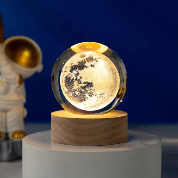3D Glass Moon Lamp with Wooden Base | LED Night Light for Bedroom, Living Room & Home Decoration | Off White Warm Light | 10W Energy Efficient Crystal Ball Lamp