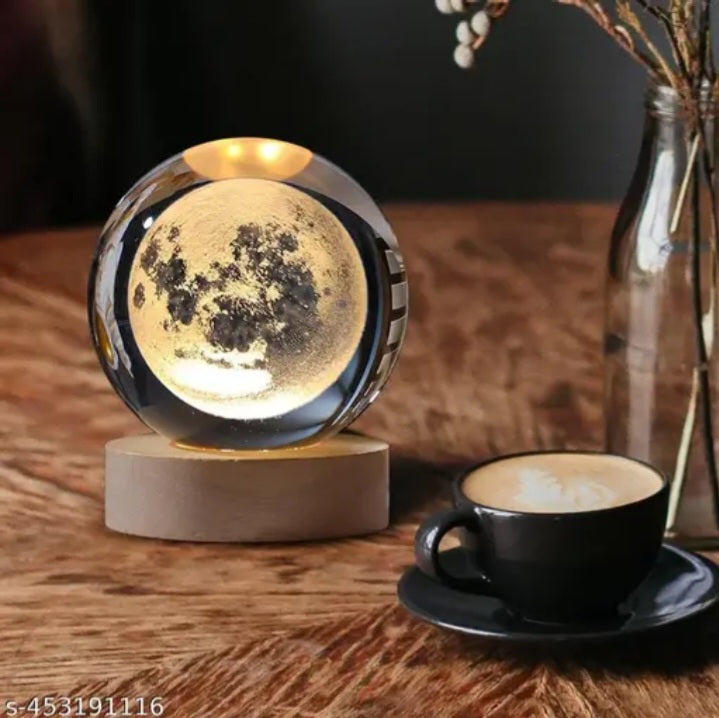 3D Glass Moon Lamp with Wooden Base | LED Night Light for Bedroom, Living Room & Home Decoration | Off White Warm Light | 10W Energy Efficient Crystal Ball Lamp