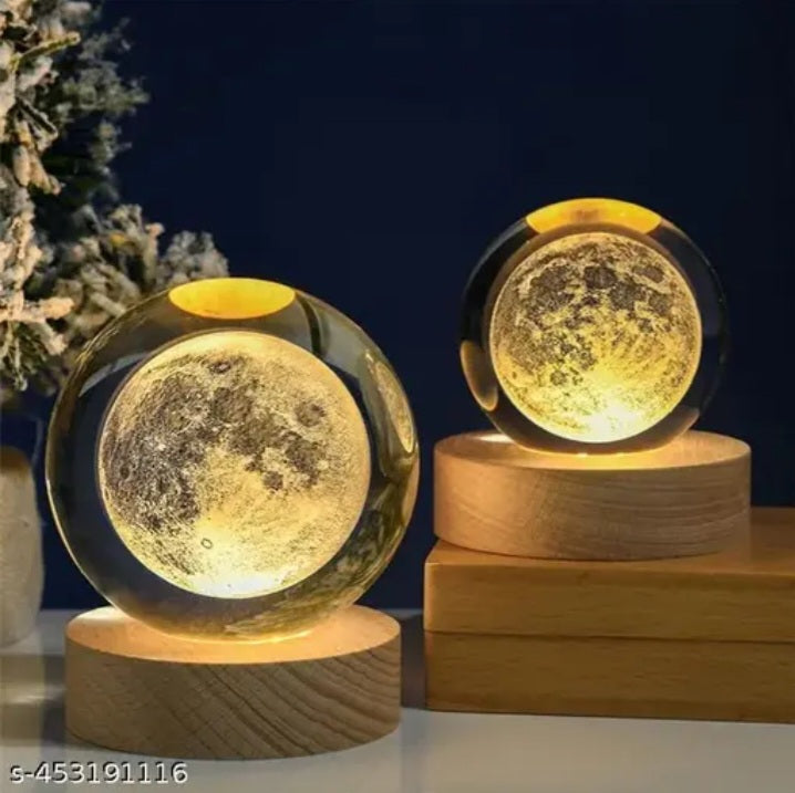 3D Glass Moon Lamp with Wooden Base | LED Night Light for Bedroom, Living Room & Home Decoration | Off White Warm Light | 10W Energy Efficient Crystal Ball Lamp