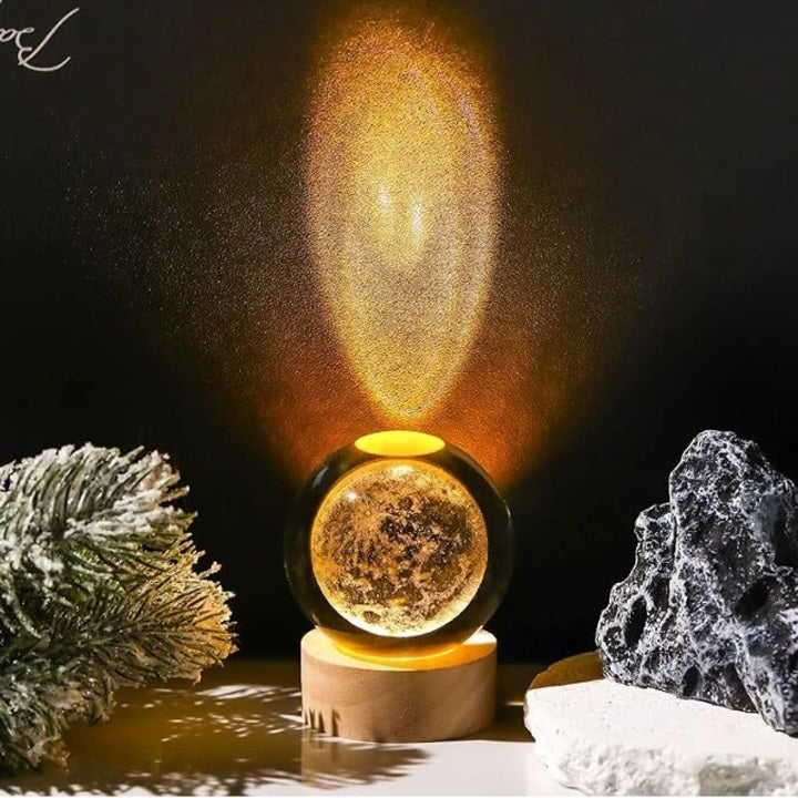 3D Glass Moon Lamp with Wooden Base | LED Night Light for Bedroom, Living Room & Home Decoration | Off White Warm Light | 10W Energy Efficient Crystal Ball Lamp