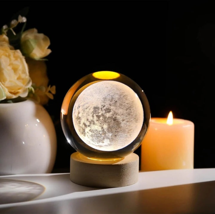 3D Glass Moon Lamp with Wooden Base | LED Night Light for Bedroom, Living Room & Home Decoration | Off White Warm Light | 10W Energy Efficient Crystal Ball Lamp